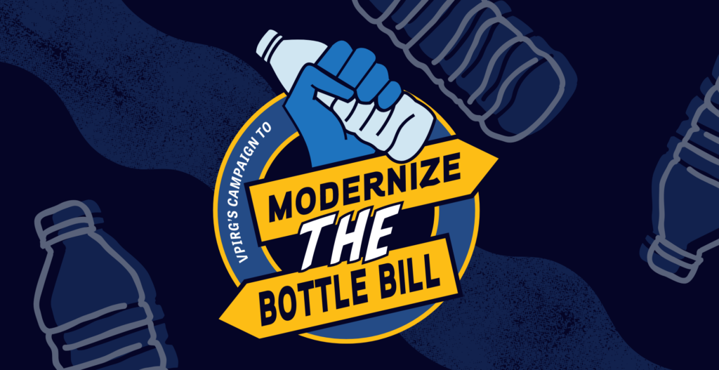A logo with a blue fist holding a plastic water bottle, with the text "Modernize the Bottle Bill"