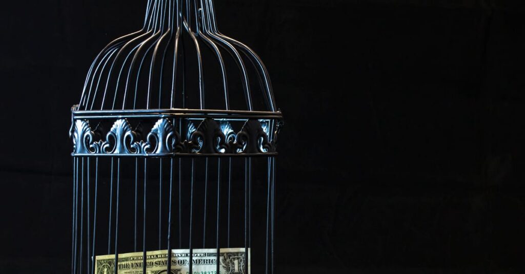 A dollar bill imprisoned in a decorative cage symbolizing financial confinement.
